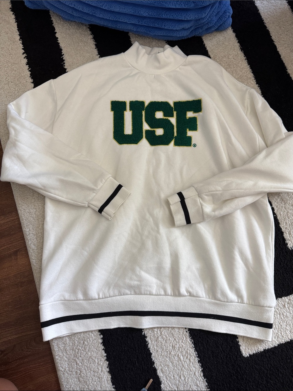 USF White Mockneck Sweater with Green Collegiate Logo
